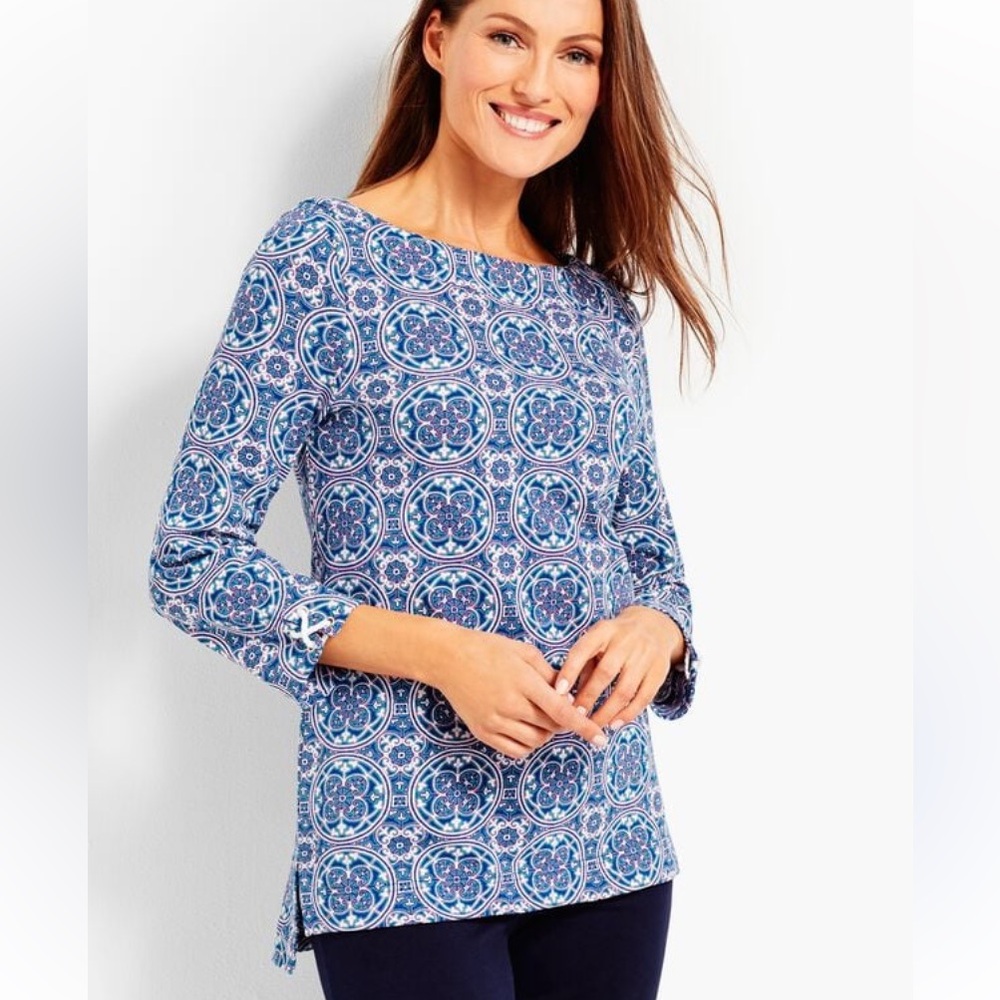 cotton blouse with blue and pink geometric design, size small tops